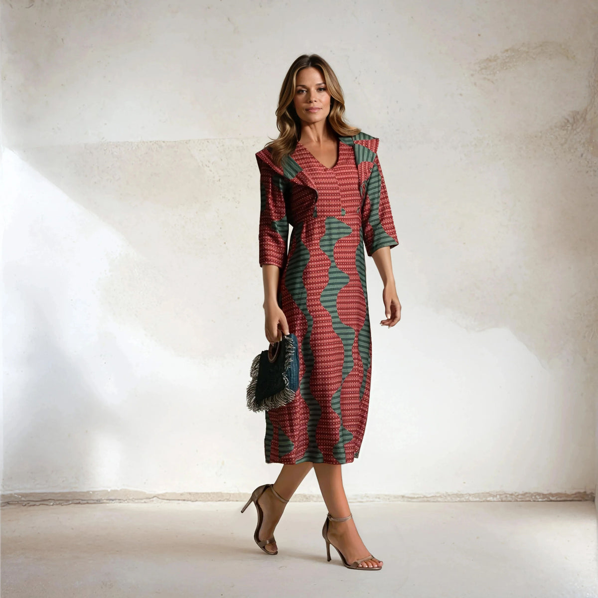 Front view of MARIΓIOÚ retro midi dress with geometric green-red print, Fall 2025 Collection