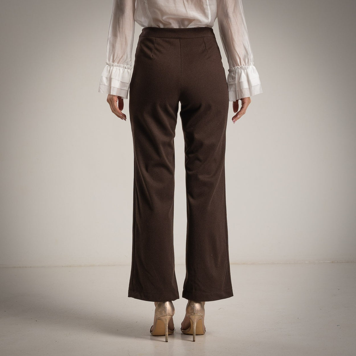 Cocoa Brown high-waist sailor trousers with decorative button front and flared leg - back view