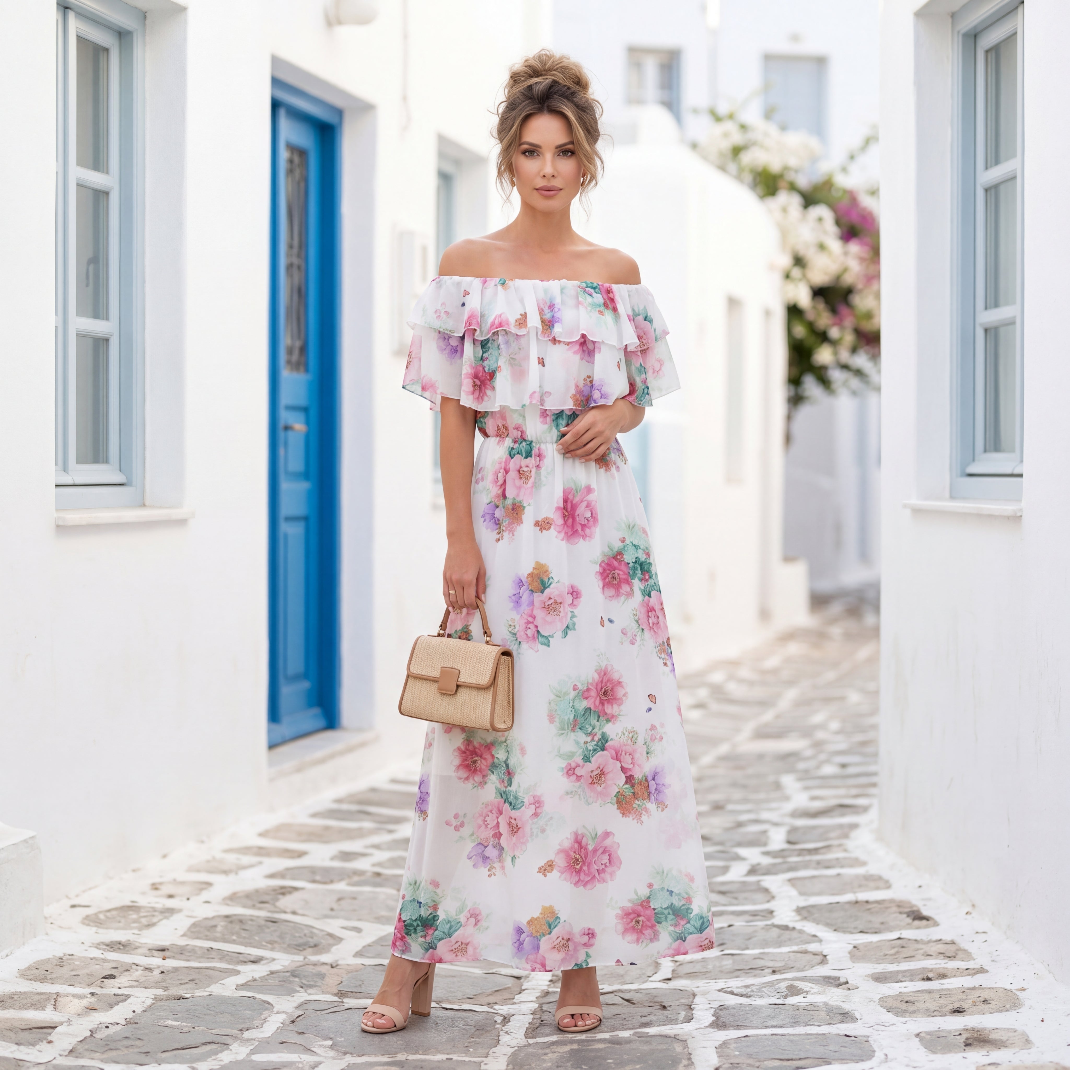 2018 off shoulder maxi floral dress Romantic Off-Shoulder Size:16+$30 shoulder heart moda wholesale Plus Size - Styles