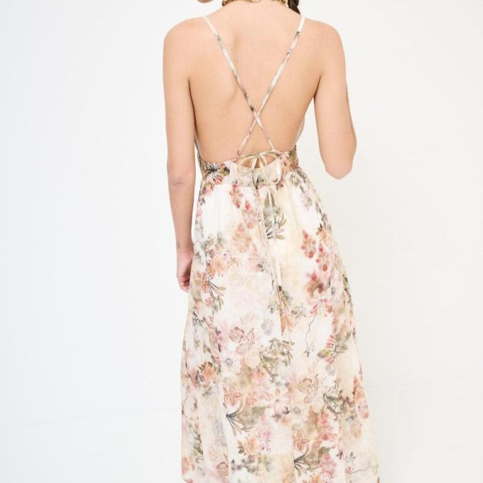 MARIΓIOÚ floral open back maxi dress with adjustable tie detail and soft feminine resort print rear view