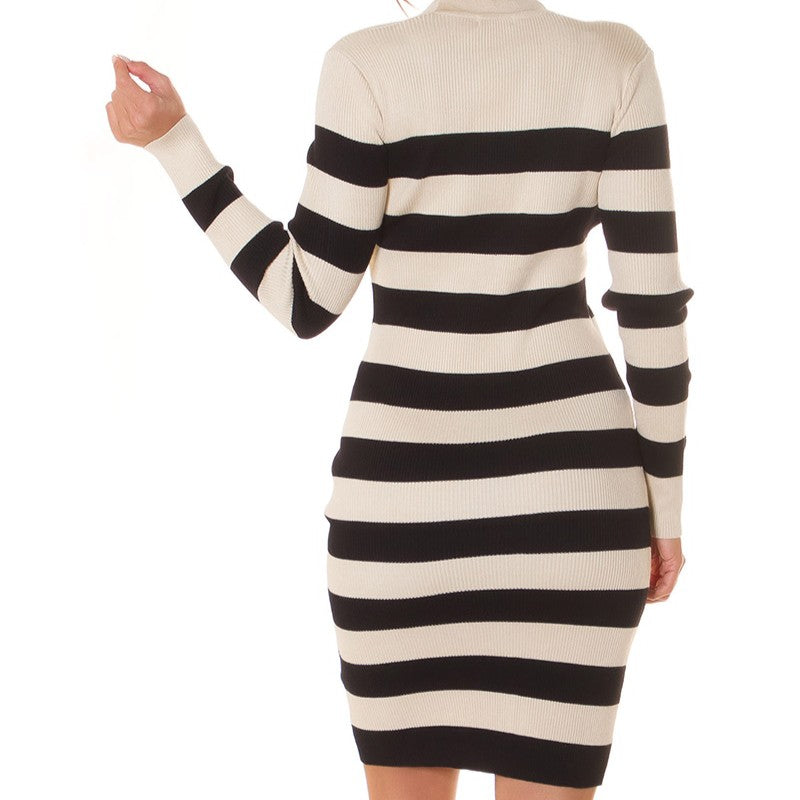 Black Beige striped knit bodycon midi dress with square neckline and gold buttons - back view