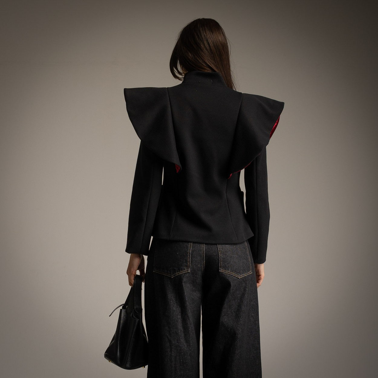 marigiou statement jacket with red velvet accents back view