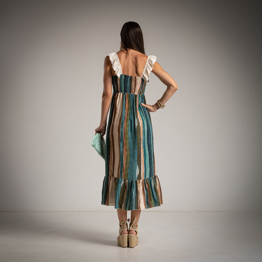 Back view of MARIΓIOÚ striped petrol midi dress with smocked back and flared hemline