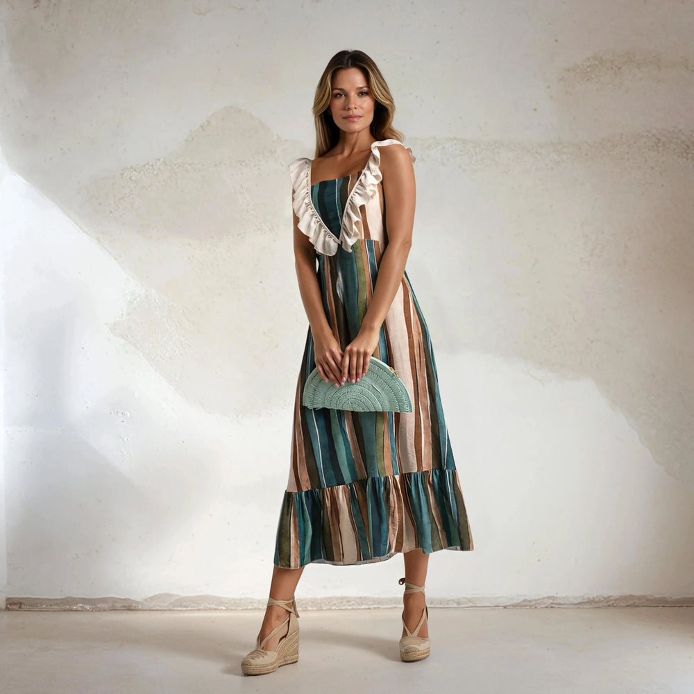 MARIΓIOÚ Fall 2025 striped midi dress in petrol green with ruffle straps, front view – produced in Italy