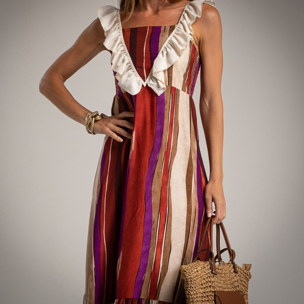 Close-up detail of MARIΓIOÚ striped pink midi dress, highlighting ruffle neckline and viscose-elastane fabric