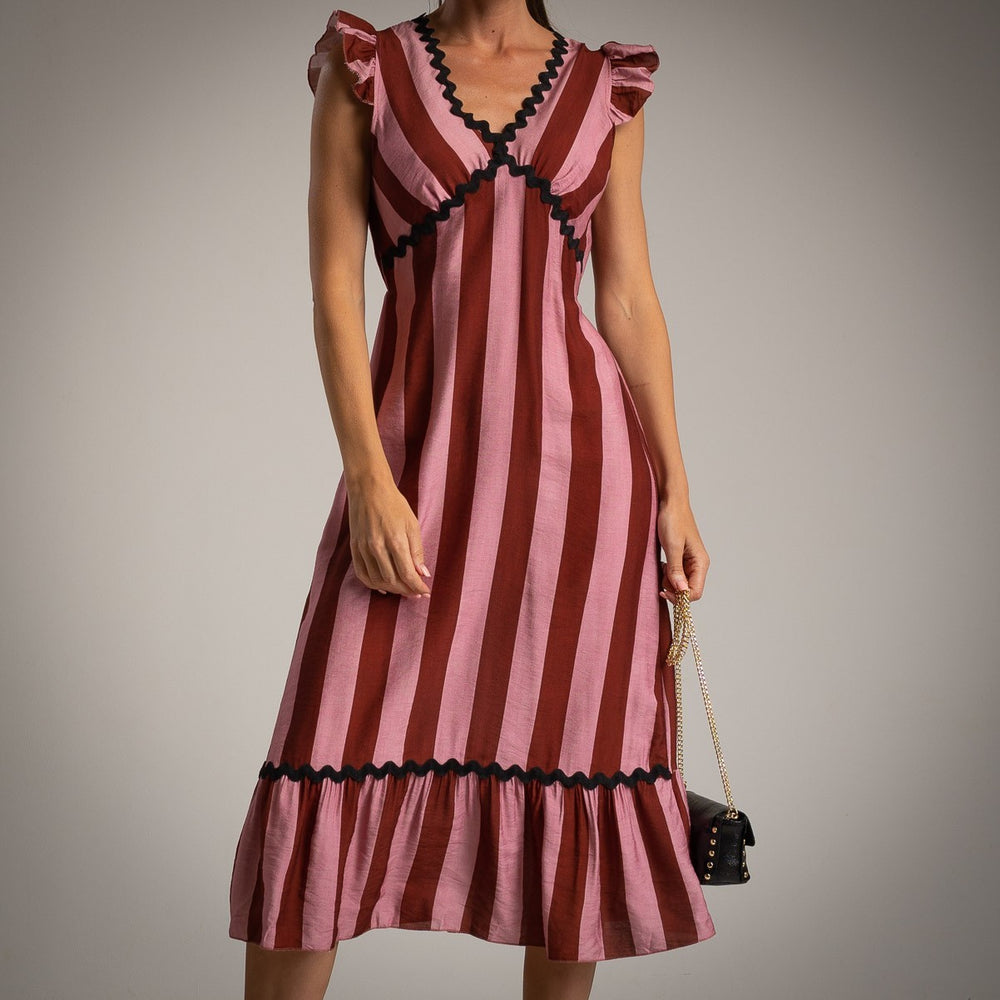 Close-up of striped midi dress with black trim and ruffle hem – MARIΓIOÚ