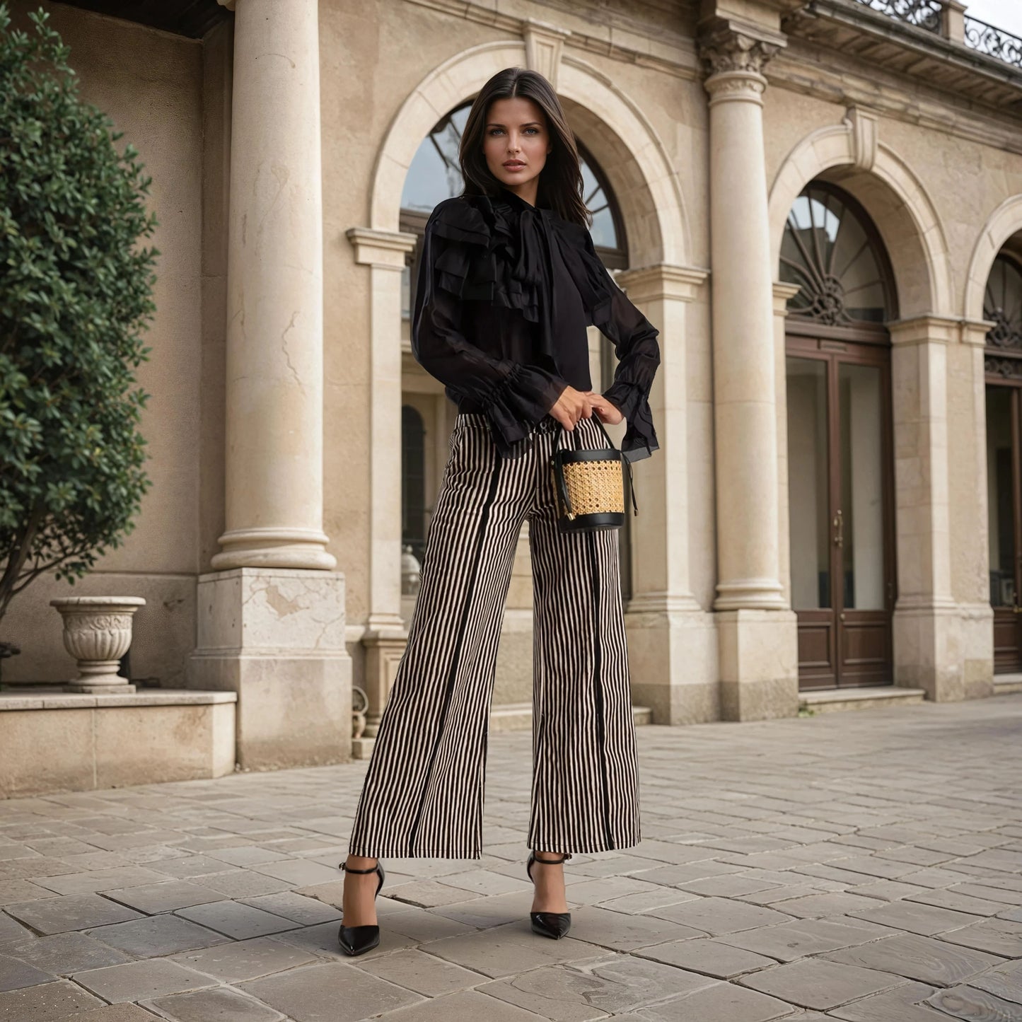 MARIΓIOÚ striped wide-leg pants black outfit street style