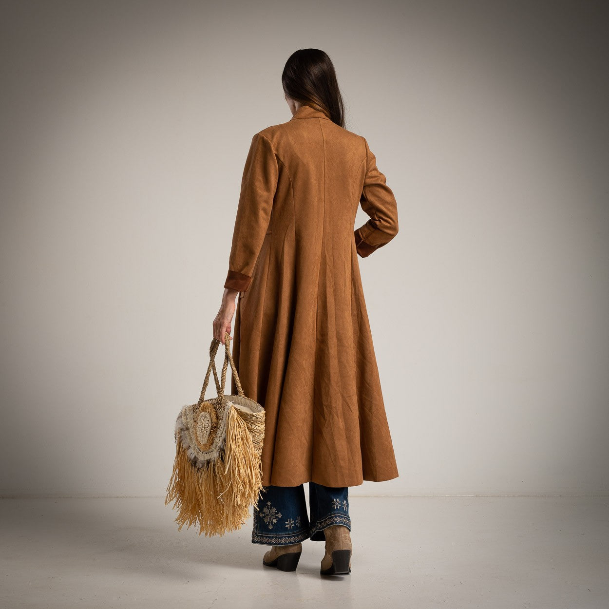 marigiou suede coat decorative buttons camel back view