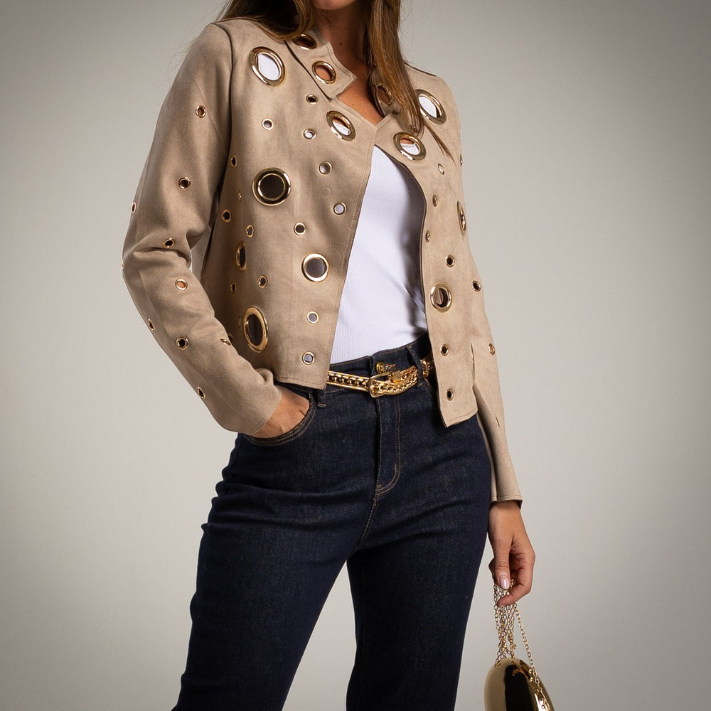 MARIΓIOÚ suede jacket beige close-up front with metallic eyelets