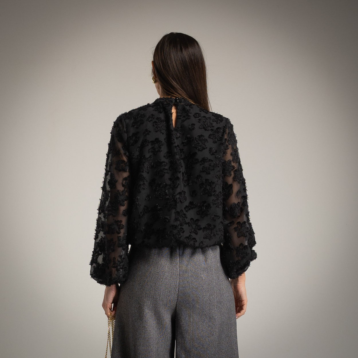 Black sheer blouse with floral texture – back view