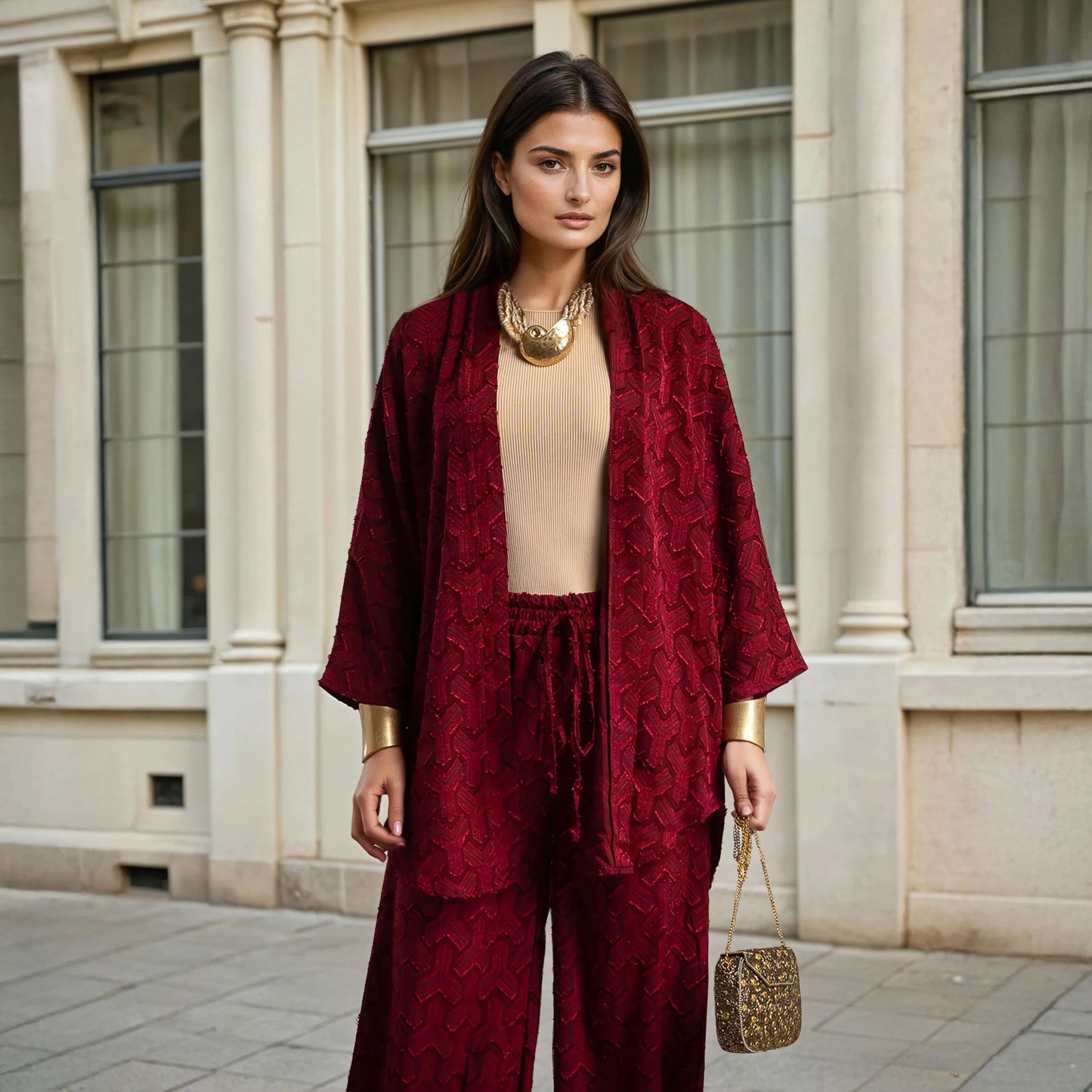 MARIΓIOÚ two-piece set Granate red close-up with accessories