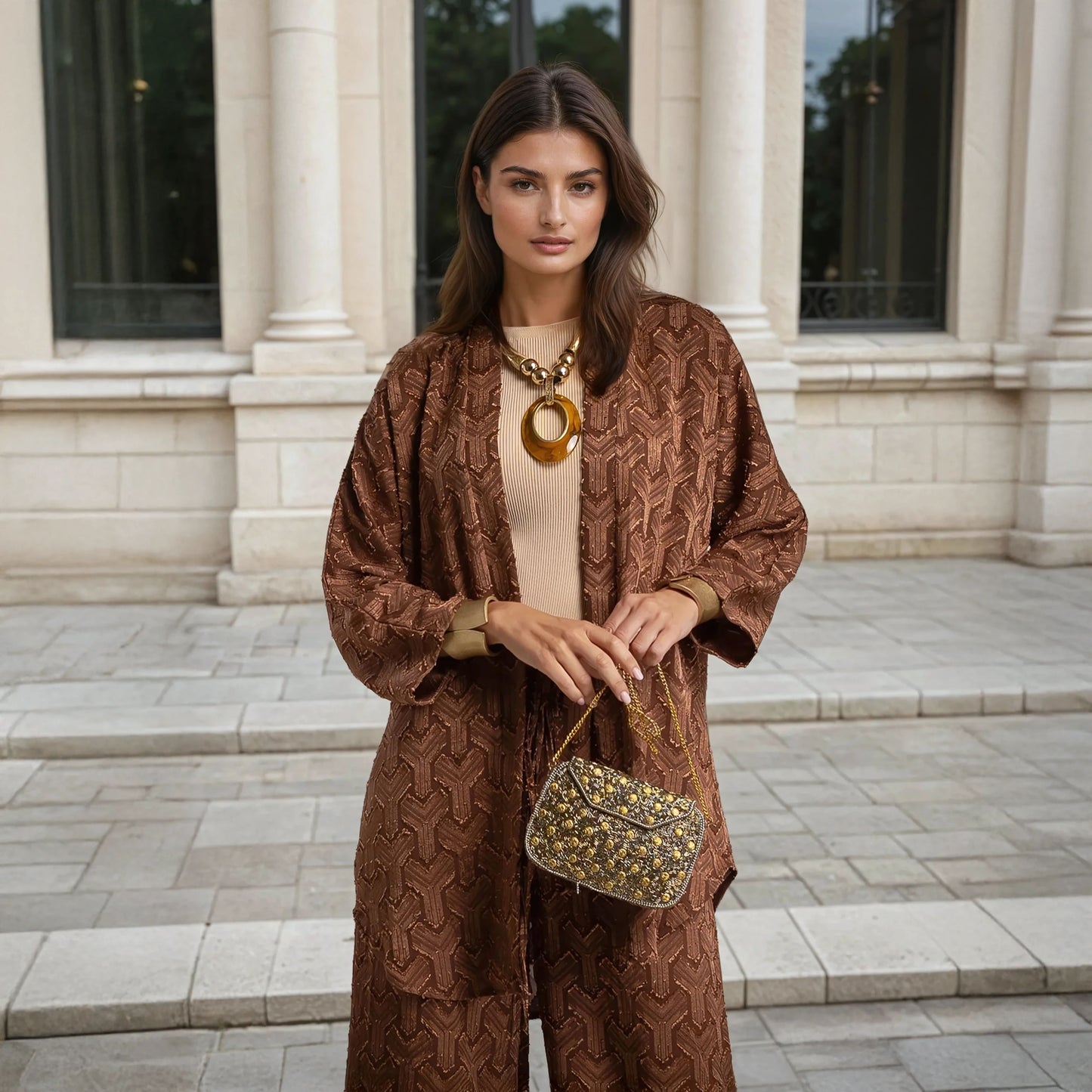 MARIΓIOÚ two-piece set Marron brown close-up – Made in Italy