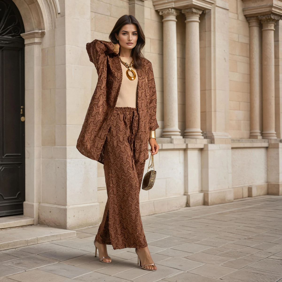 MARIΓIOÚ two-piece set Marron brown full outfit – wide-leg trousers and jacket
