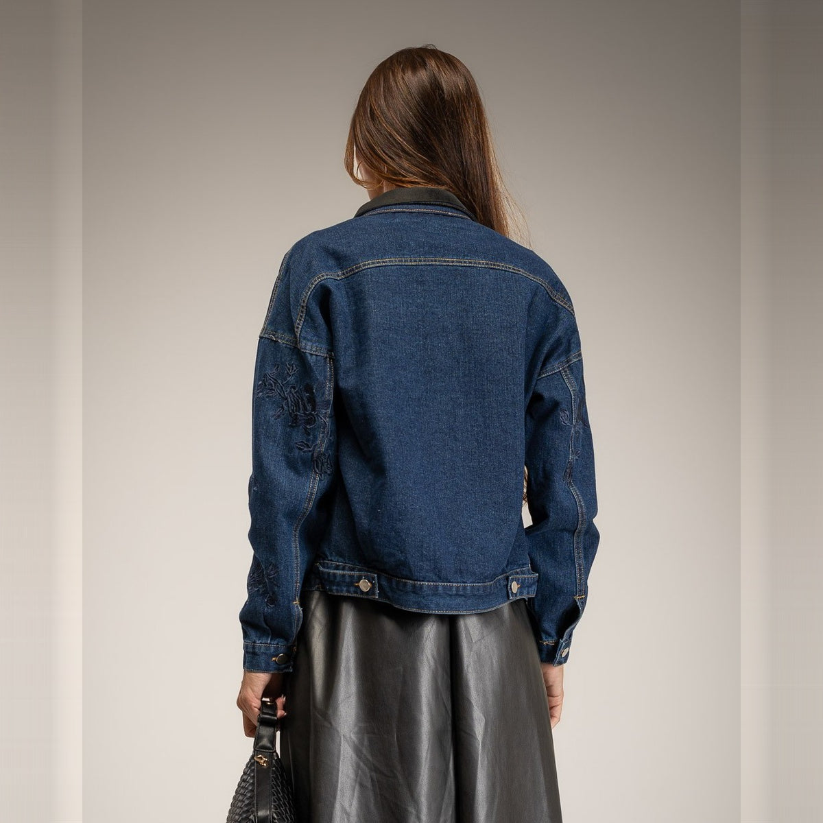 Indigo Denim embroidered denim jacket with rhinestone detail - back view