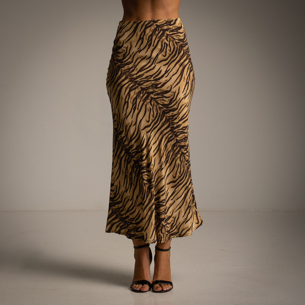 marigiou zebra print satin midi skirt beige front view