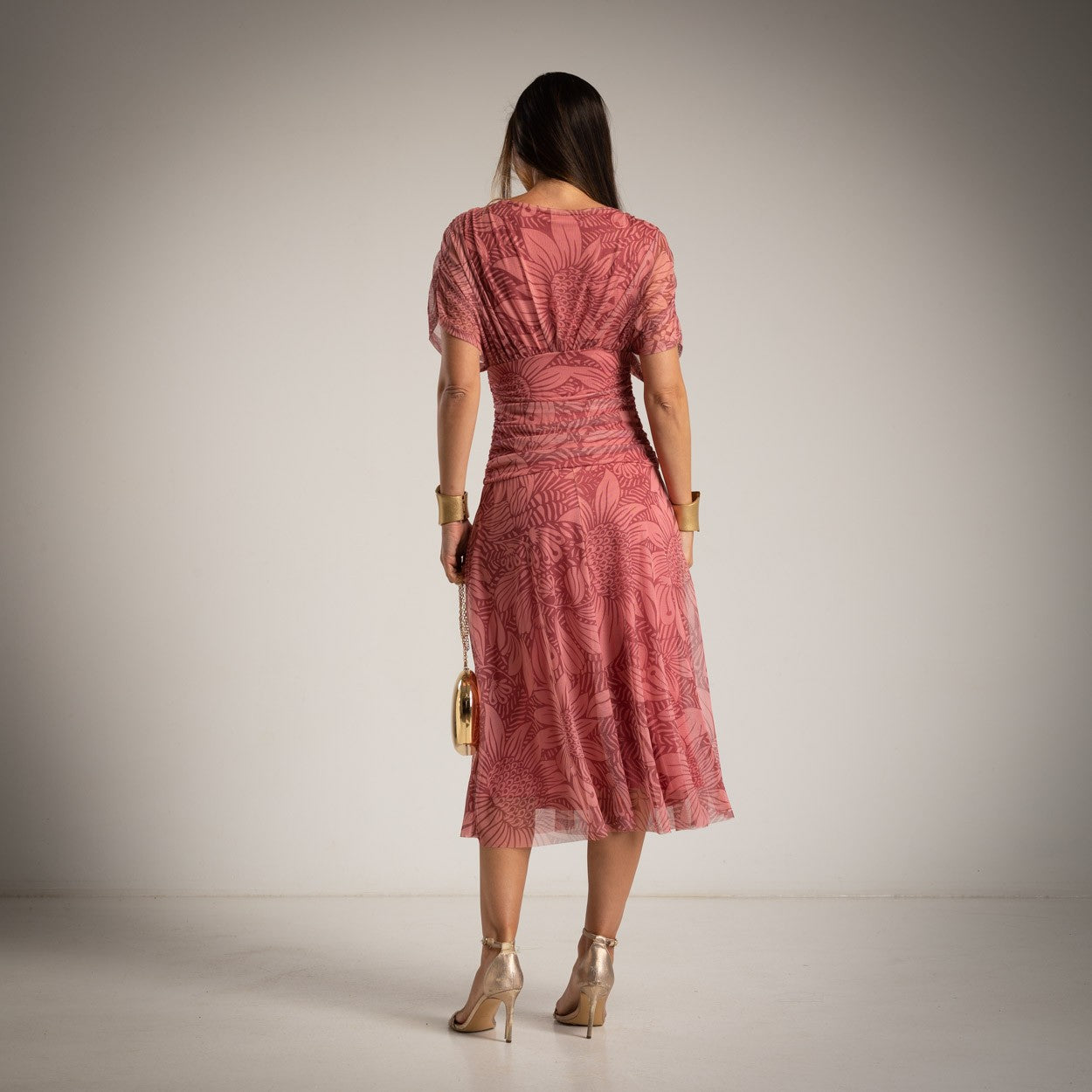 floral mesh midi dress back view dusty rose ruched waist marigiou