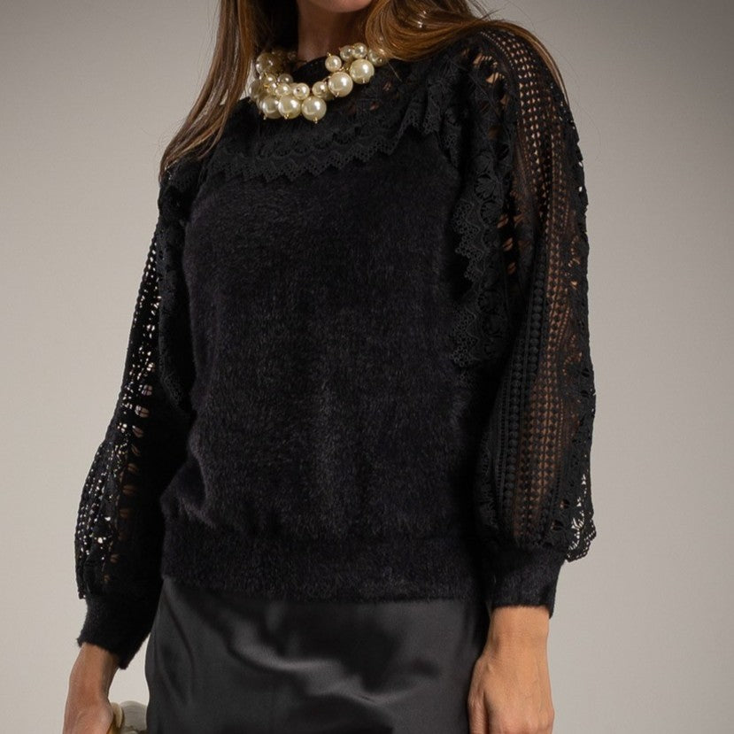 elegant black lace sweater with fluffy knit – MARIΓIOÚ