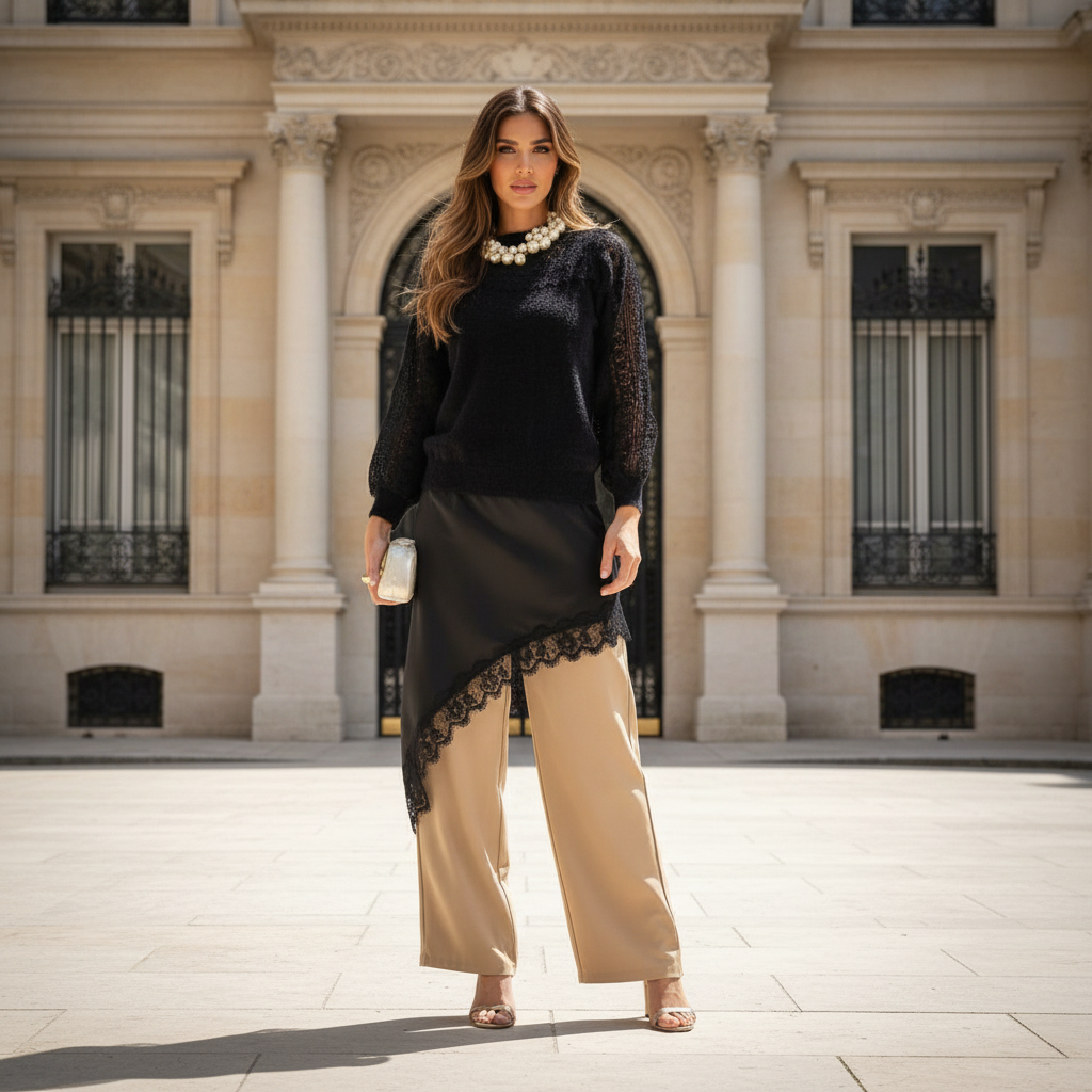 model wearing black fluffy lace sweater with beige trousers – MARIΓIOÚ
