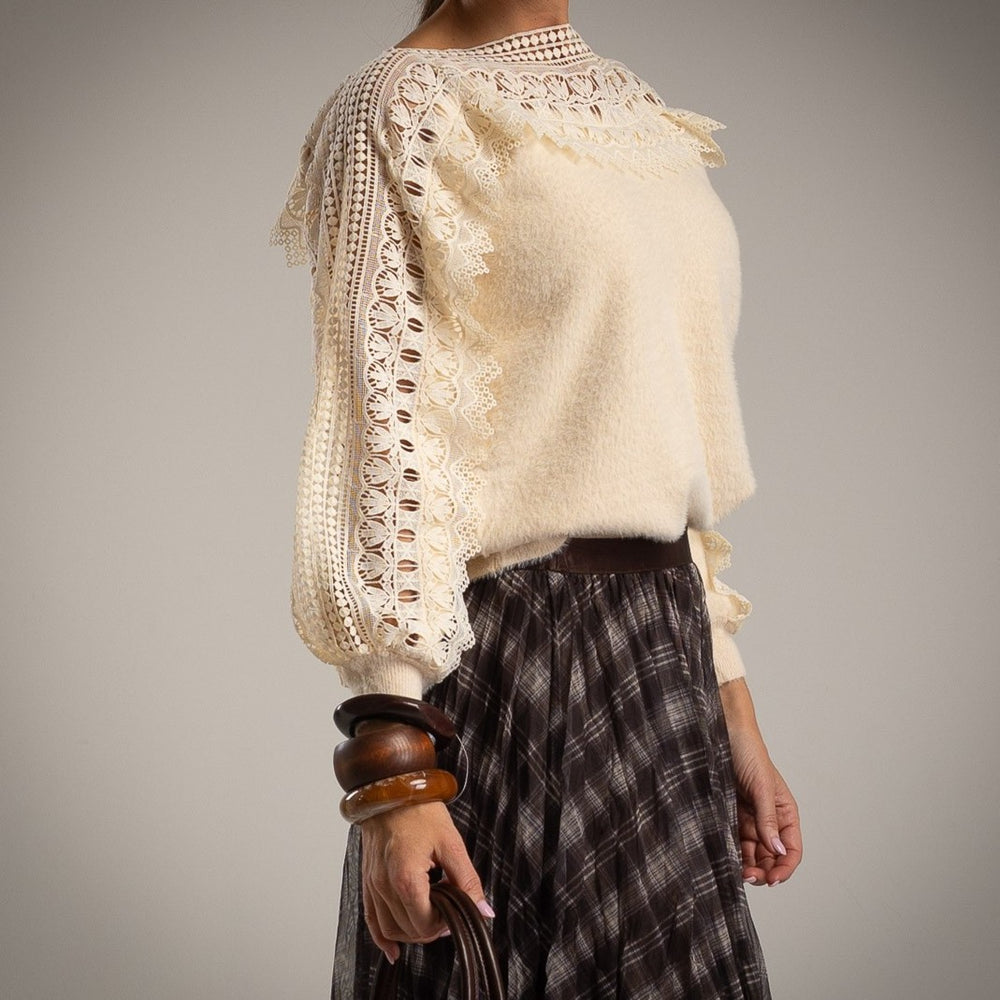 fluffy cream lace sweater with puff sleeves – MARIΓIOÚ