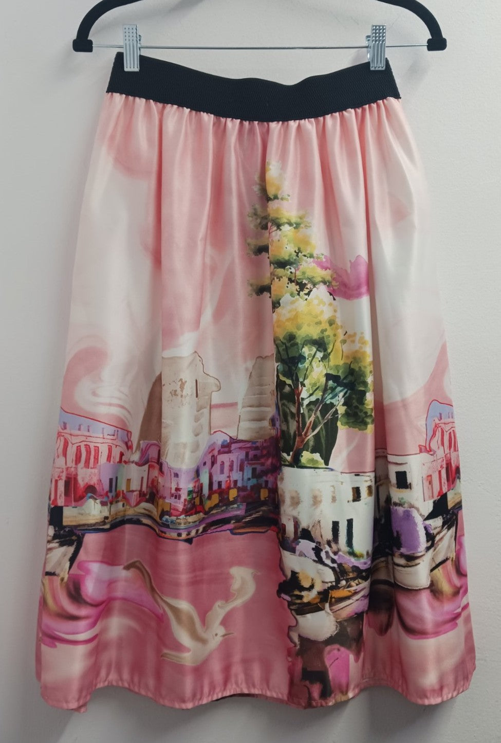 MARIΓIOÚ rose mediterranean harbor print midi skirt back romantic volume