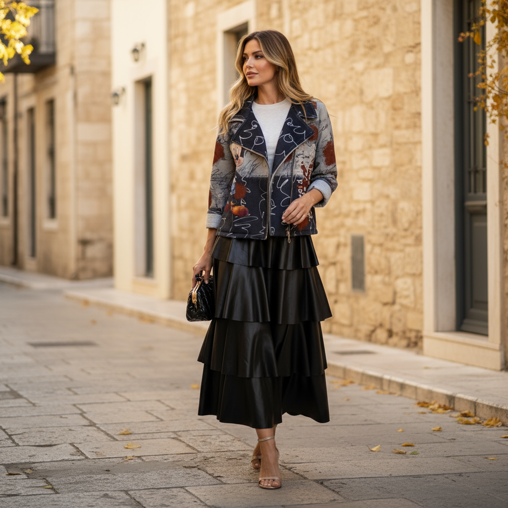 model wearing soft neoprene plush cartoon jacket with black tiered skirt – MARIΓIOÚ