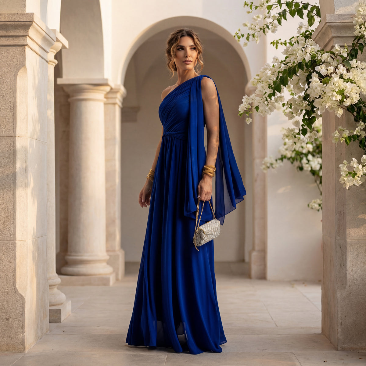 Full body look of royal blue evening dress styled for special occasions – MARIΓIOÚ