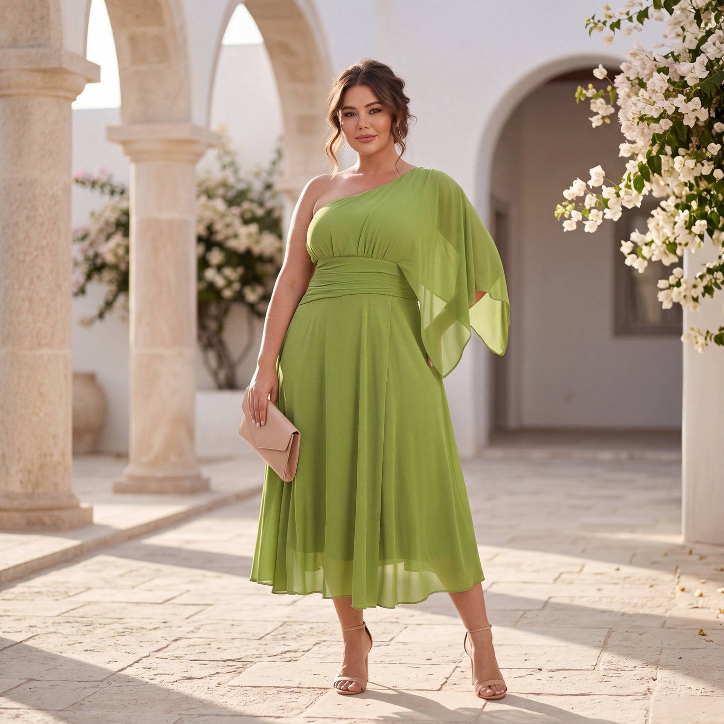 Plus Size Midi One-Shoulder Cocktail Dress in Lime Green with flattering waist detail and flowing silhouette