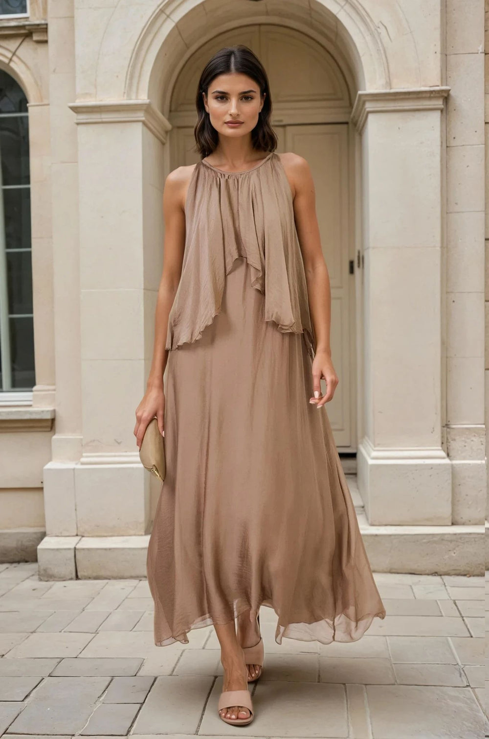 Chic taupe one-size summer dress with ruffles, worn by a woman in front of a historic building, holding a beige clutch.
