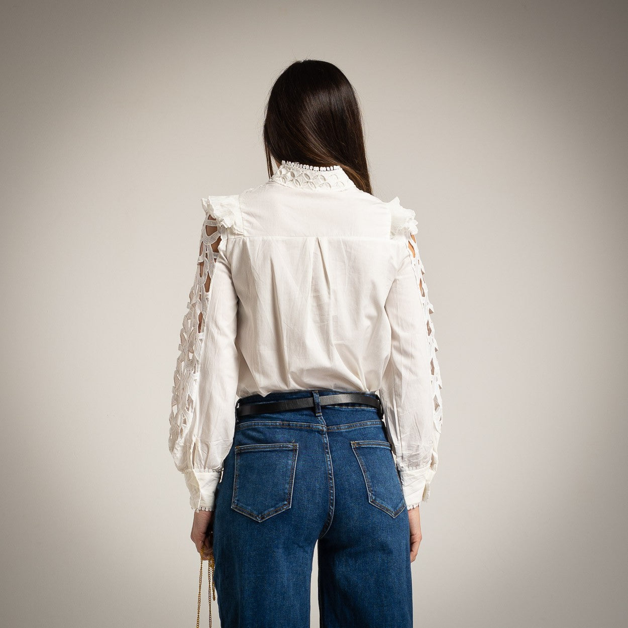Back view of romantic cut out detail cotton blouse – MARIΓIOÚ