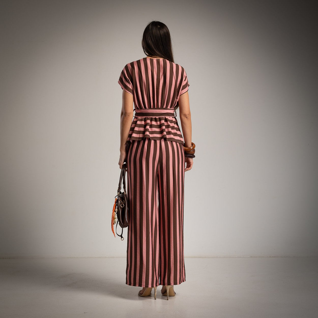 Striped co-ord set back view with waist belt and wide leg pants in dusty rose and chocolate brown