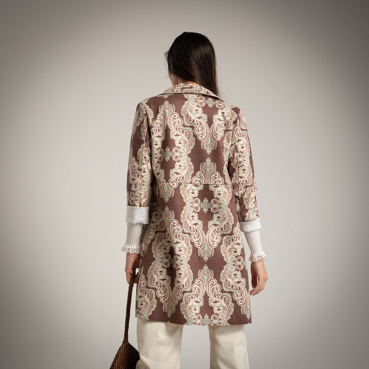 Back view of chocolate suede long jacket with paisley pattern – MARIΓIOÚ