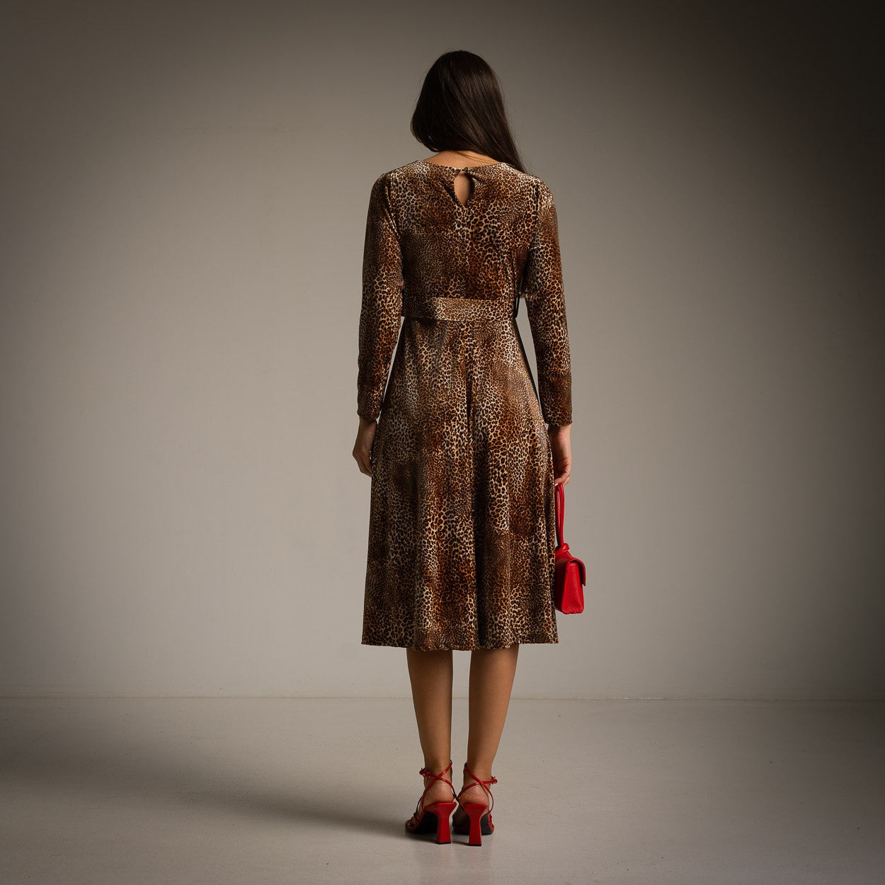 Brown velvet animal print dress – back view