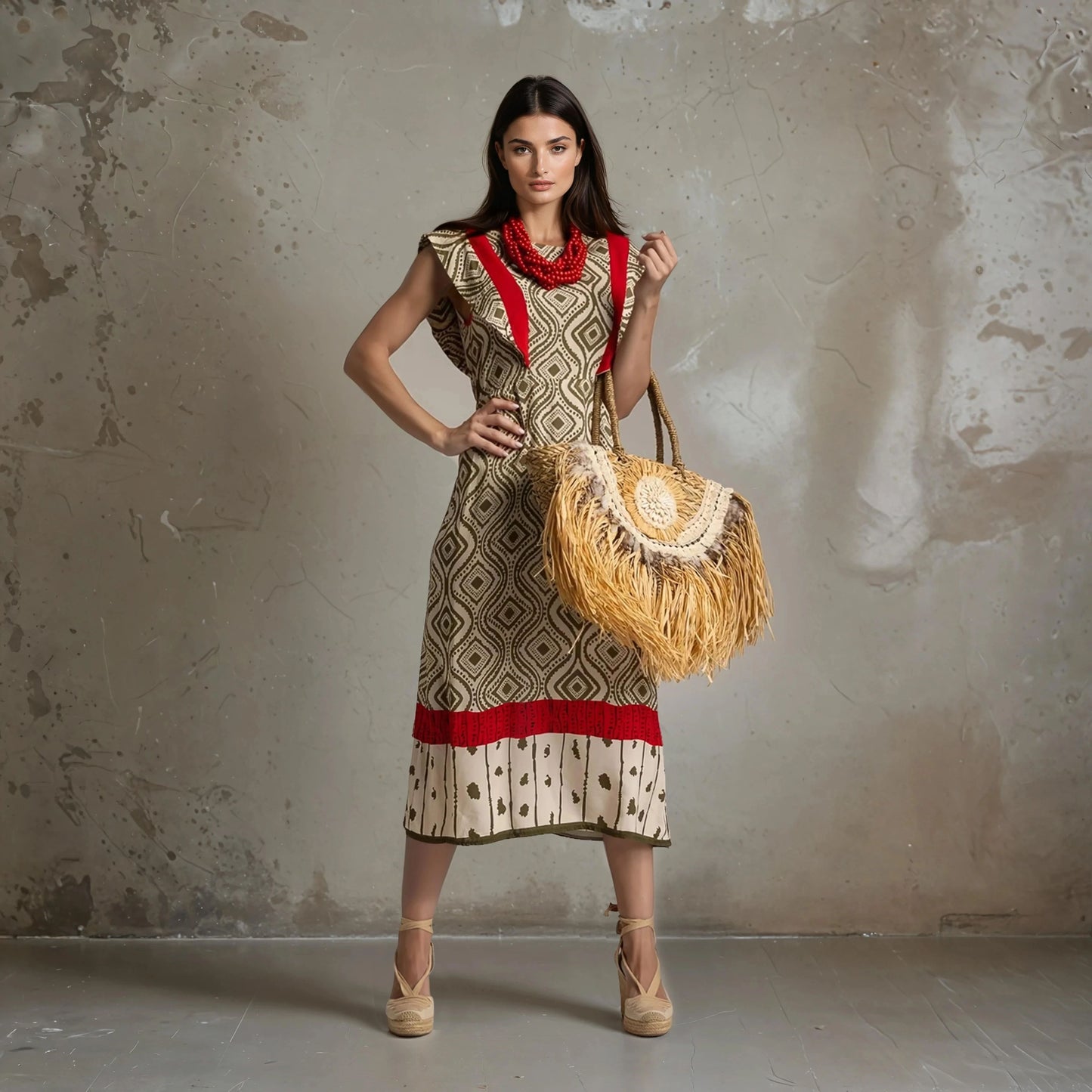Full body view of patterned midi dress with red details – Autumn 2025 collection