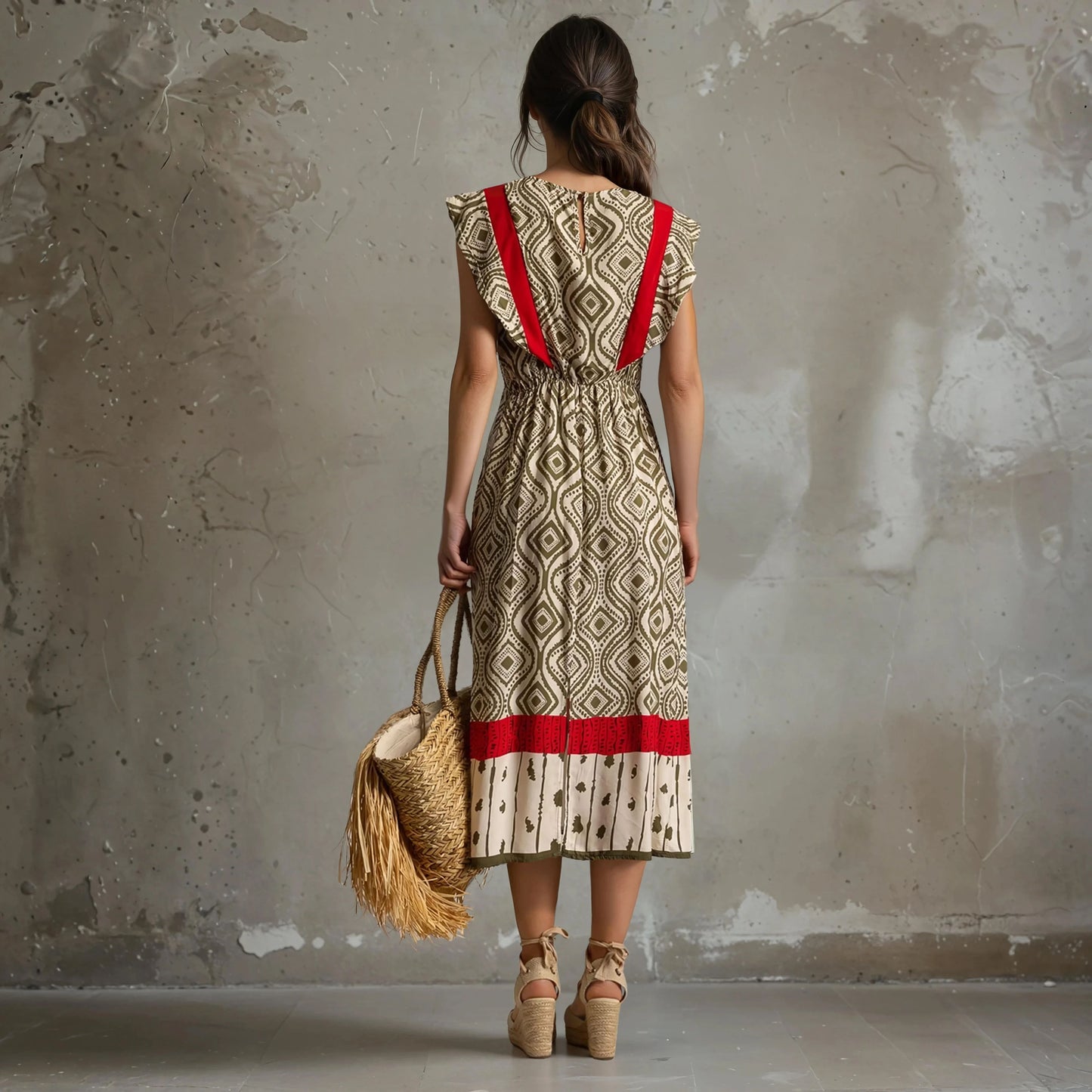 Back view of patterned midi dress with geometric print and red accents