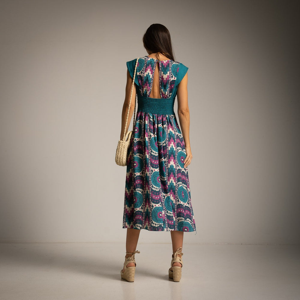 MARIΓIOÚ ocean mosaic boho chic summer midi dress back view