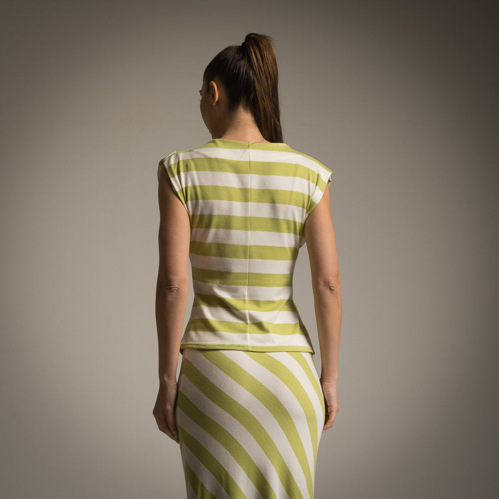 Back view of top and skirt set in lime green and white stripes with cap sleeves