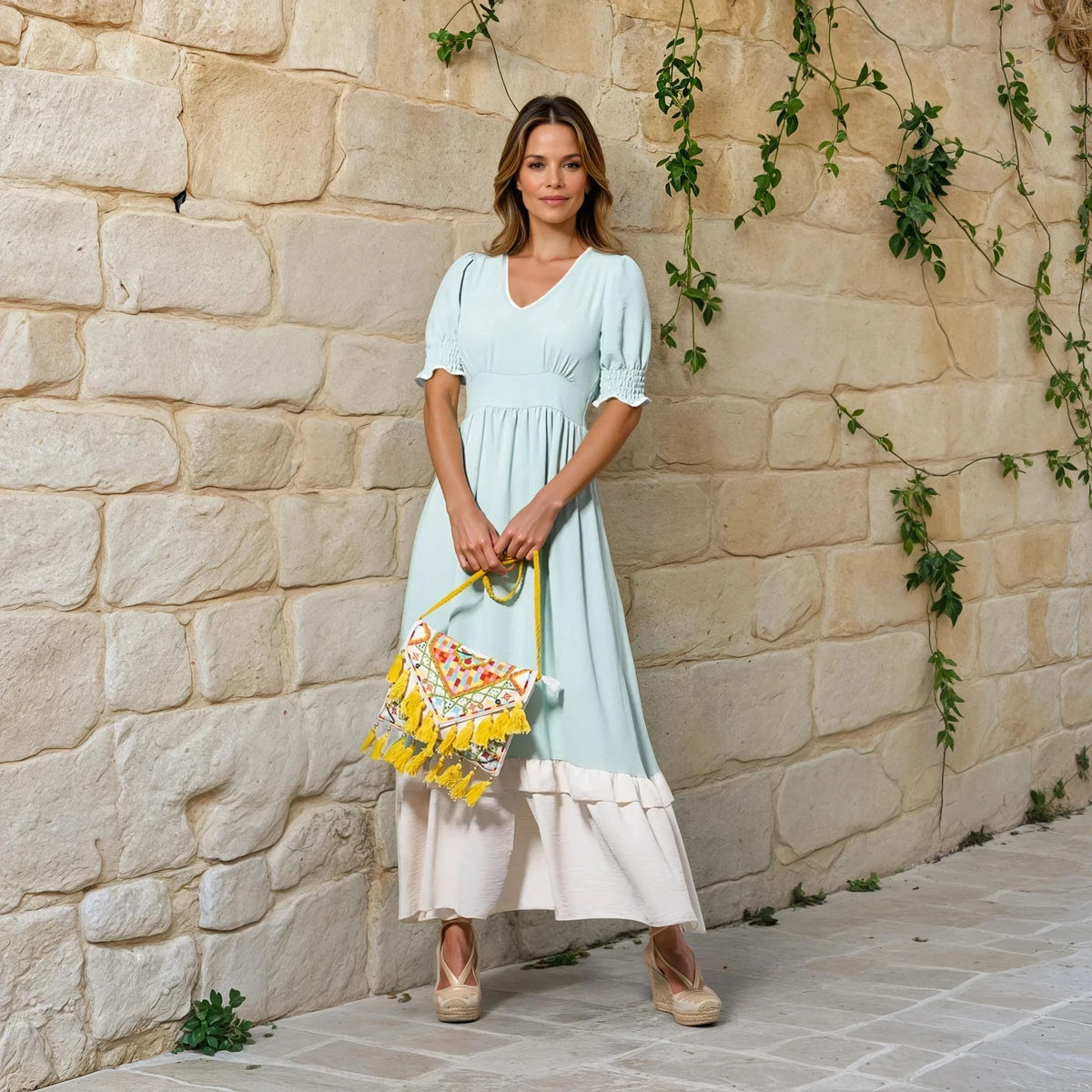 Woman wearing mint and off-white midi dress with v-neck and yellow embroidered handbag