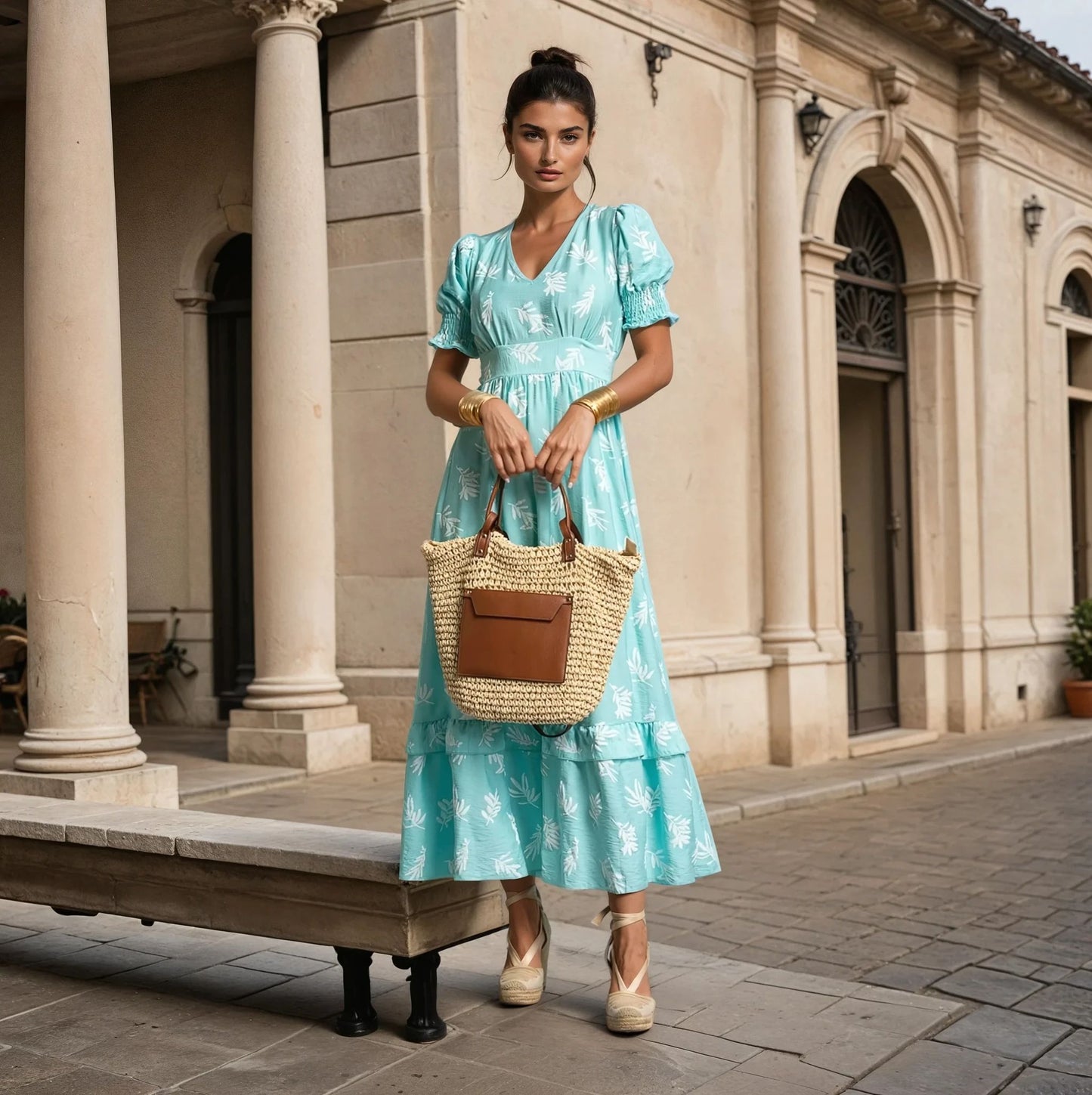Refreshing mint midi one-size summer dress with leaf pattern, worn by a woman in front of a historic building, carrying a straw bag.