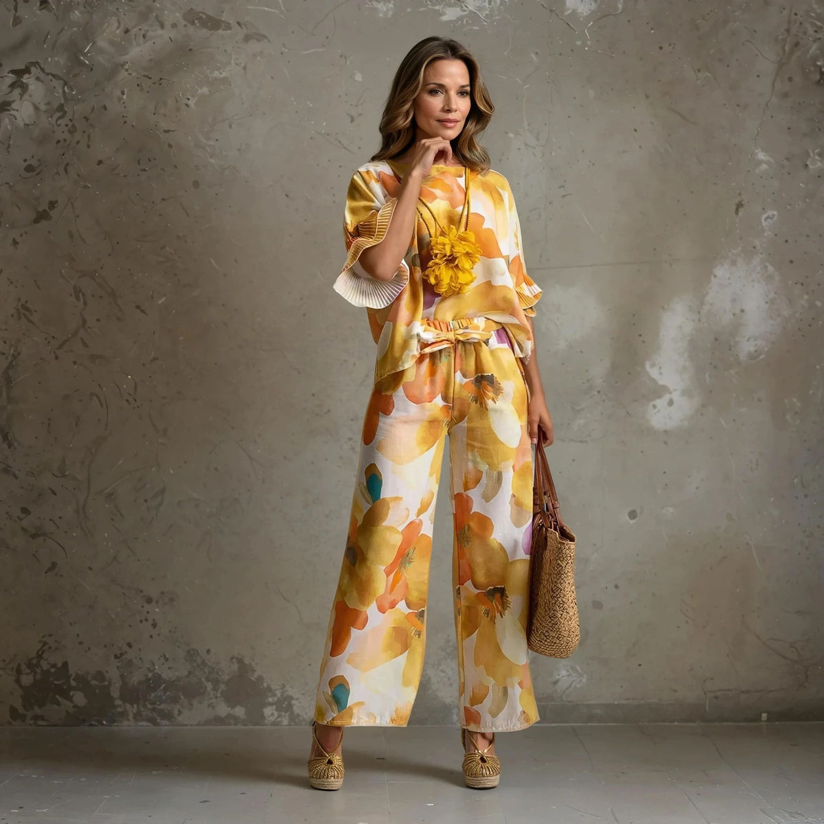 Woman in yellow floral print co-ord set with pleated sleeve detail and woven accessories