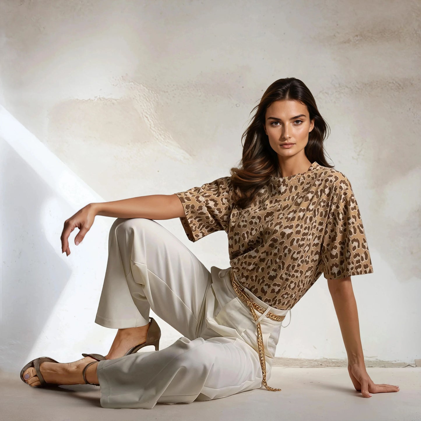 Model sitting on floor wearing one size oversized leopard print shirt and white trousers