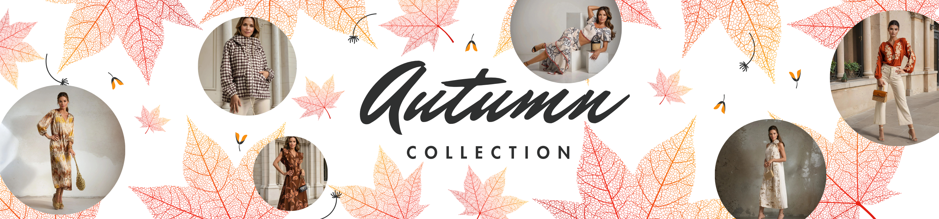 Autumn-themed banner with round-cut pictures of the autumn collection