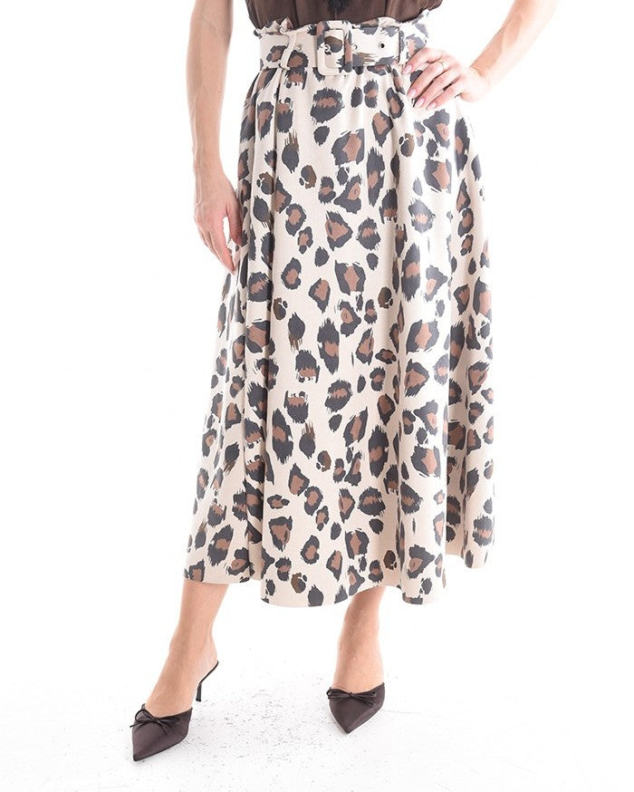 Leopard Print Midi Skirt with Belt
