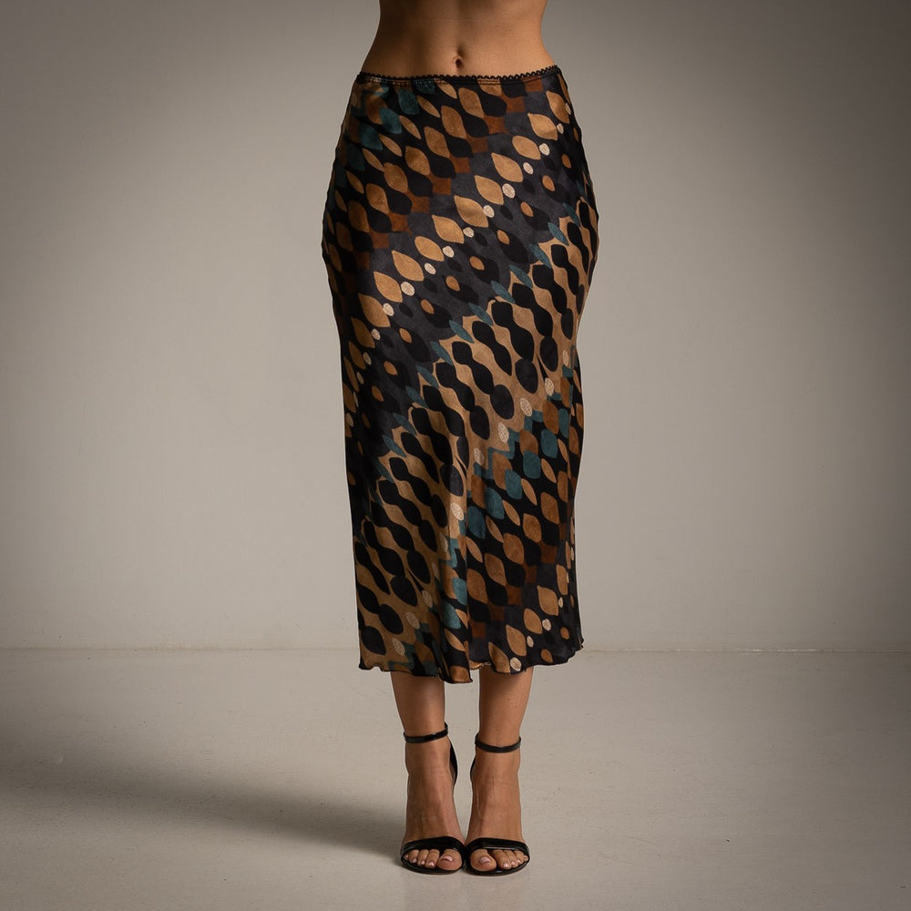 Abstract print midi skirt front view on model