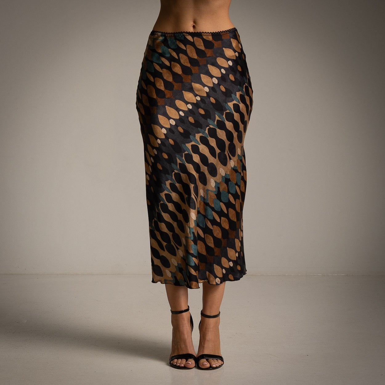 Abstract print midi skirt front view on model