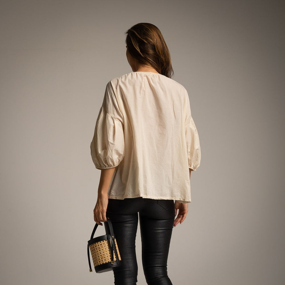 Beige puff sleeve shirt back view one size by MARIΓIOÚ