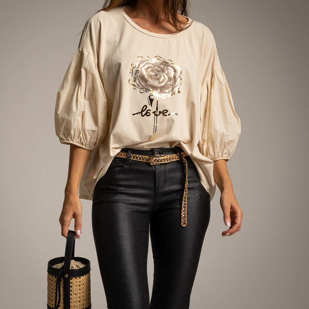 Beige puff sleeve shirt with rose print and gold love detail by MARIΓIOÚ