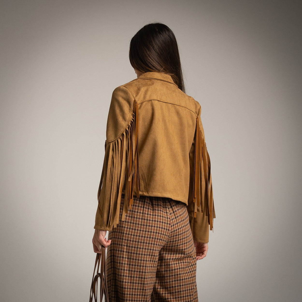 biker fringes suede jacket camel back view