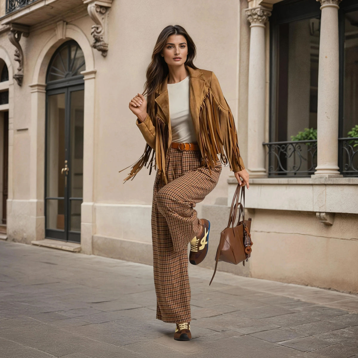 biker fringes suede jacket camel street style full outfit