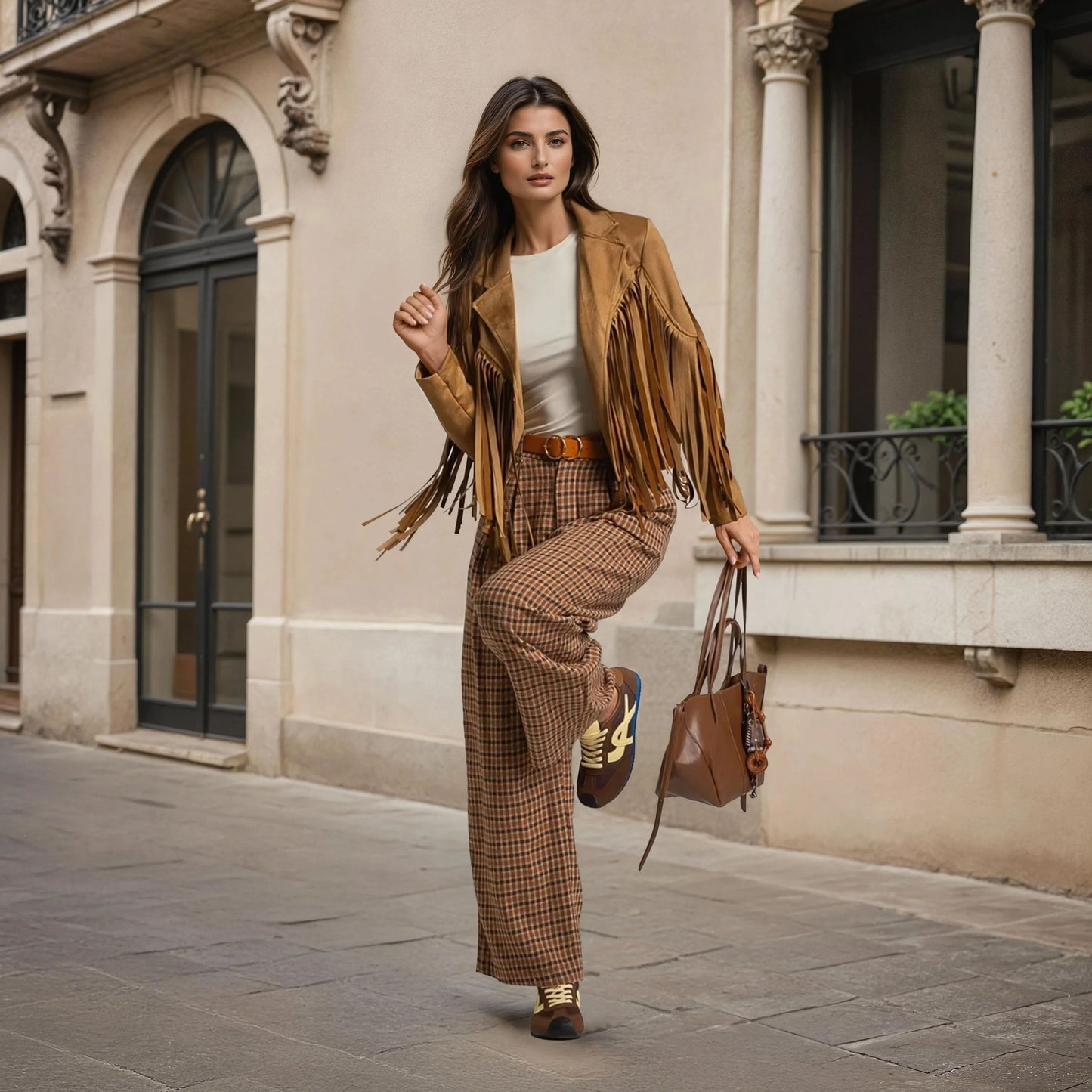biker fringes suede jacket camel street style full outfit