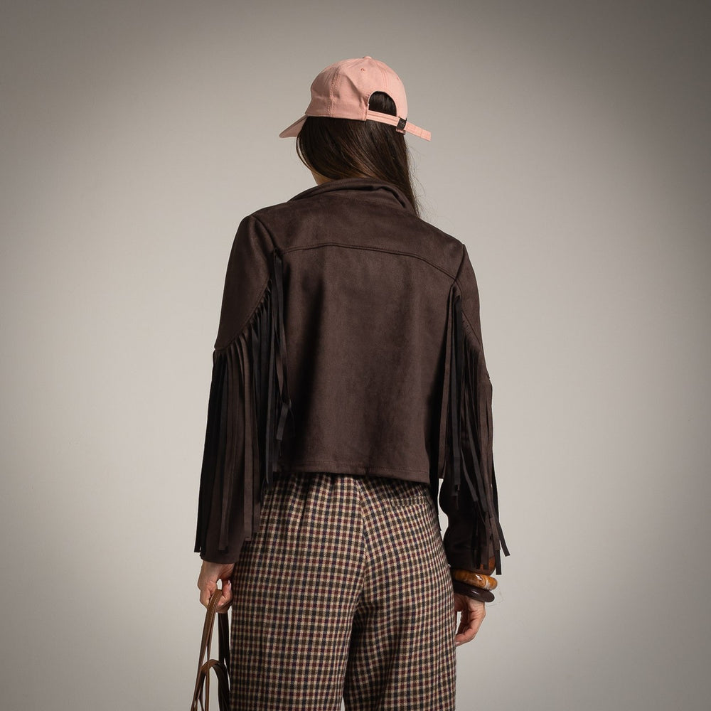 biker fringes suede jacket chocolate back view